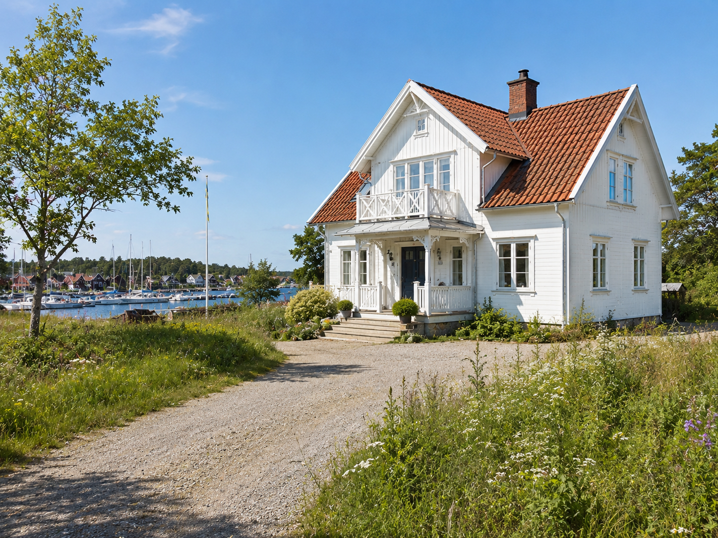 Maison blanche traditionnelle suédoise avec toit rouge, port de Sandhamn en arrière-plan