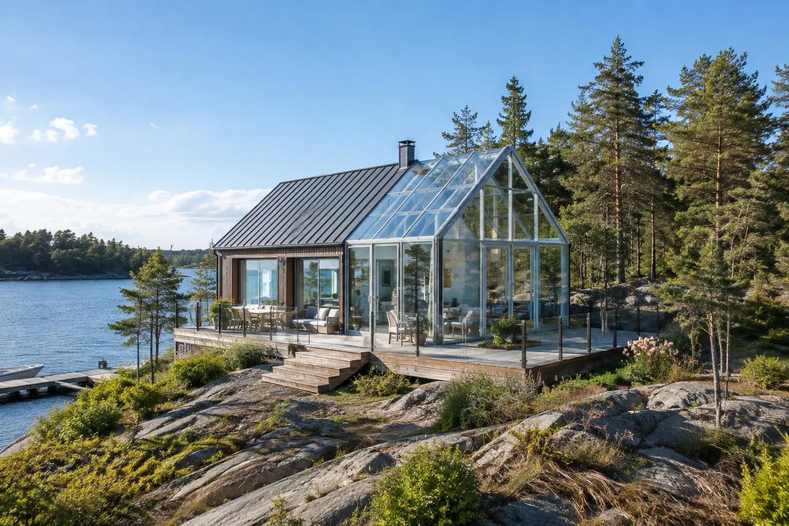 Maison contemporaine vitrée posée sur les rochers de granite face à la mer