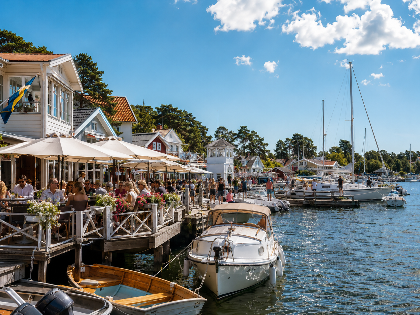 Terrasses animées le long de l’eau et bateaux amarrés dans le port de Sandhamn