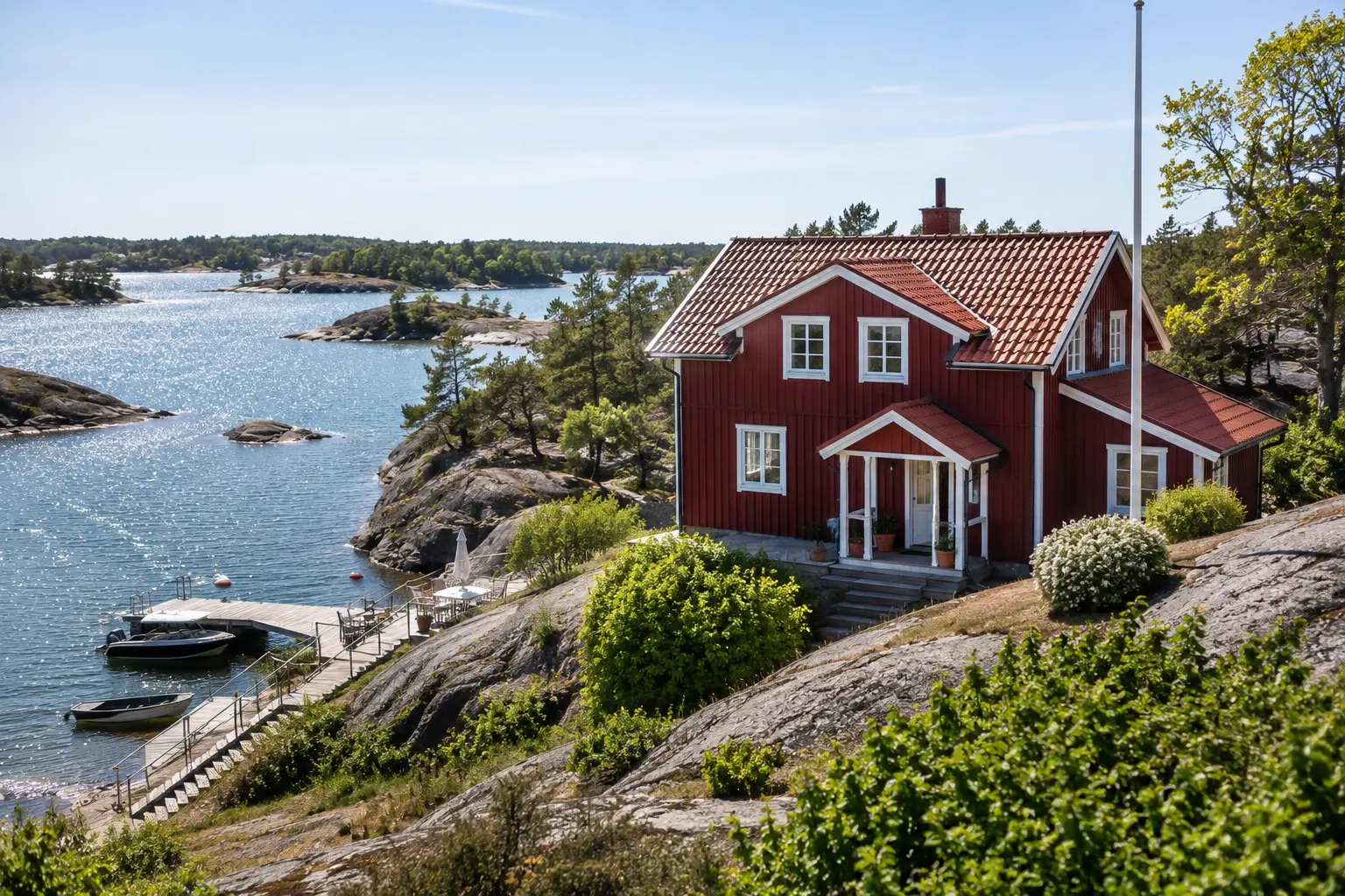 Maisons rouges au bord de l’eau et pontons privés dans l’archipel de Stockholm